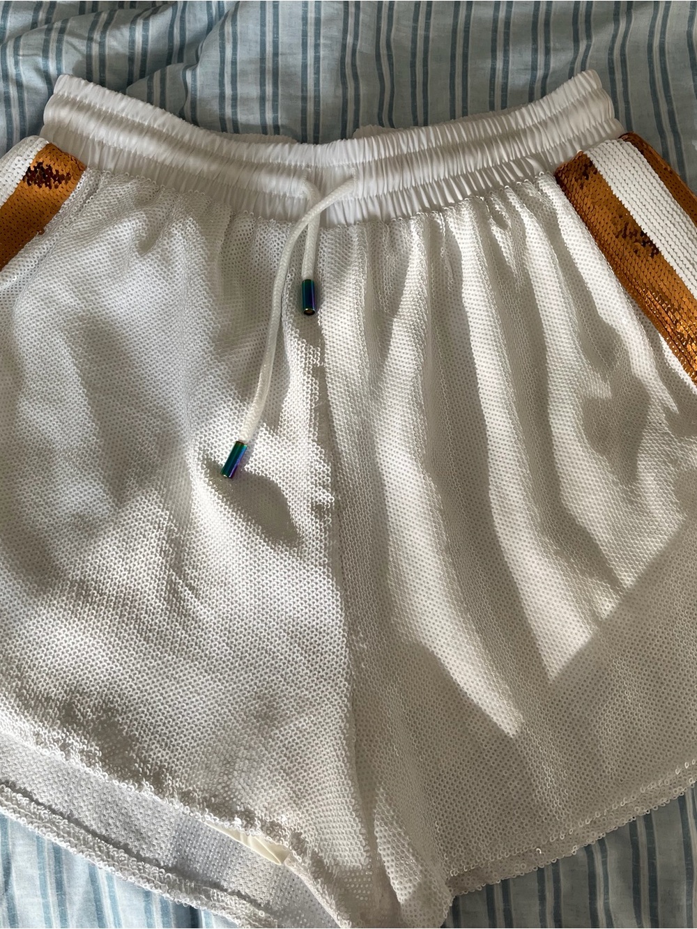 White Sequin-Trim Athletic Shorts queen of sparkles